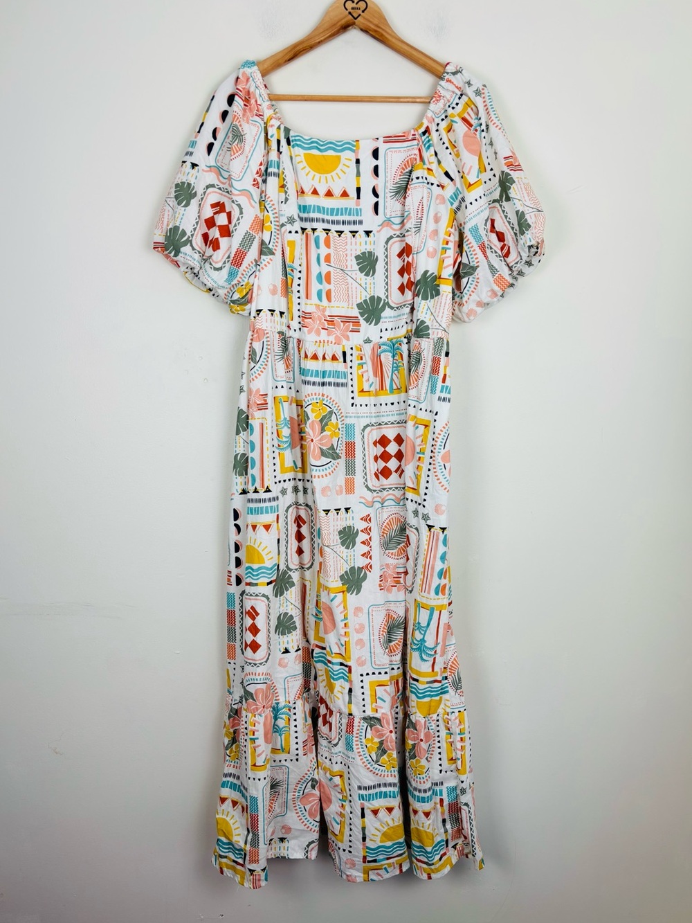 NWT Lea puff sleeve colorful vacation print maxi dress cotton w/pockets. 2X